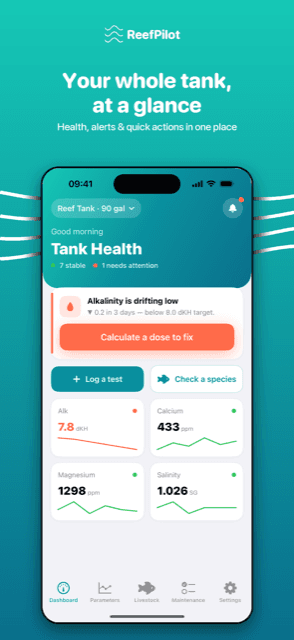 ReefPilot app shown on iPhone
