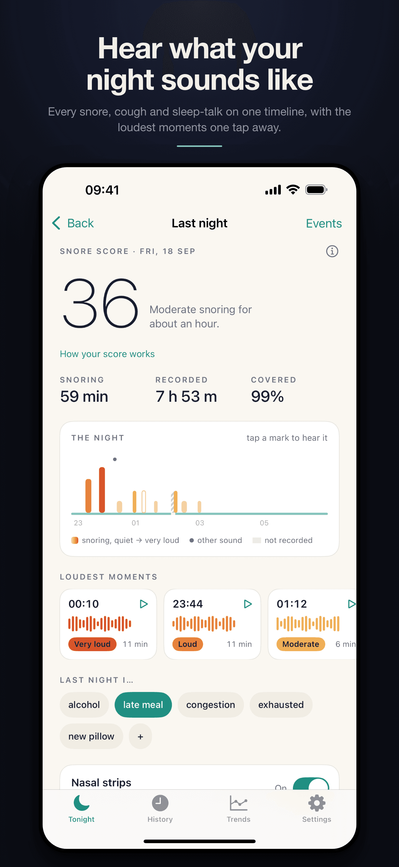 SnoreScope app shown on iPhone