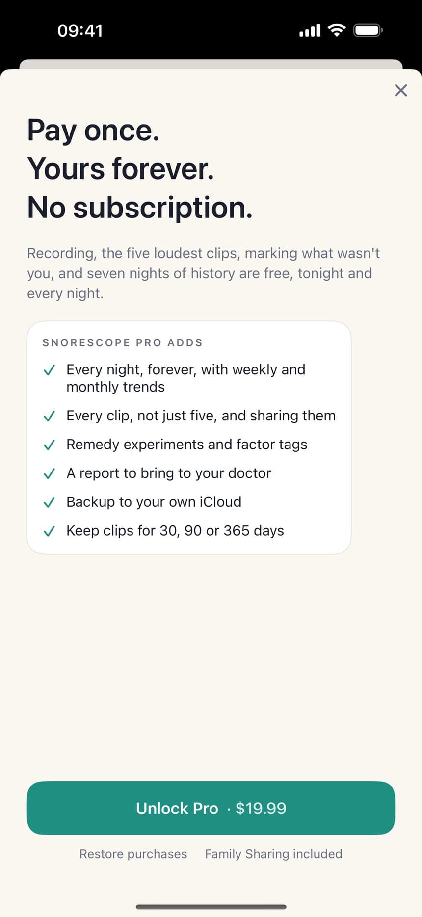 The Pro screen: pay once, yours forever, no subscription.
