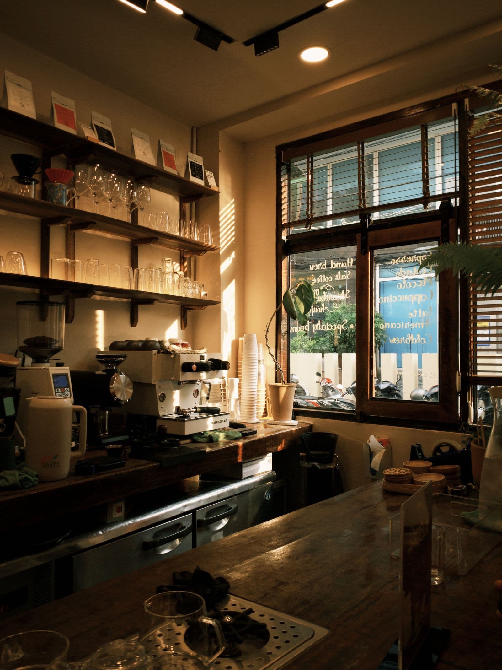 The café's warm wooden interior