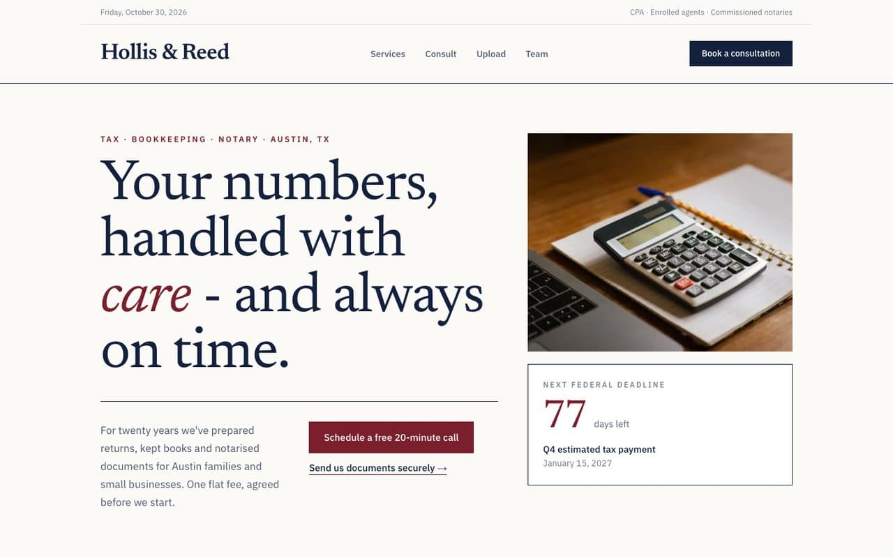 Accountant, Law & Notary Website demo: the Hollis & Reed homepage