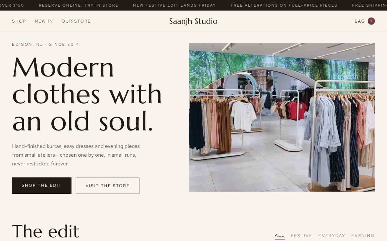 Boutique & Clothing Store Website demo: the Saanjh Studio homepage