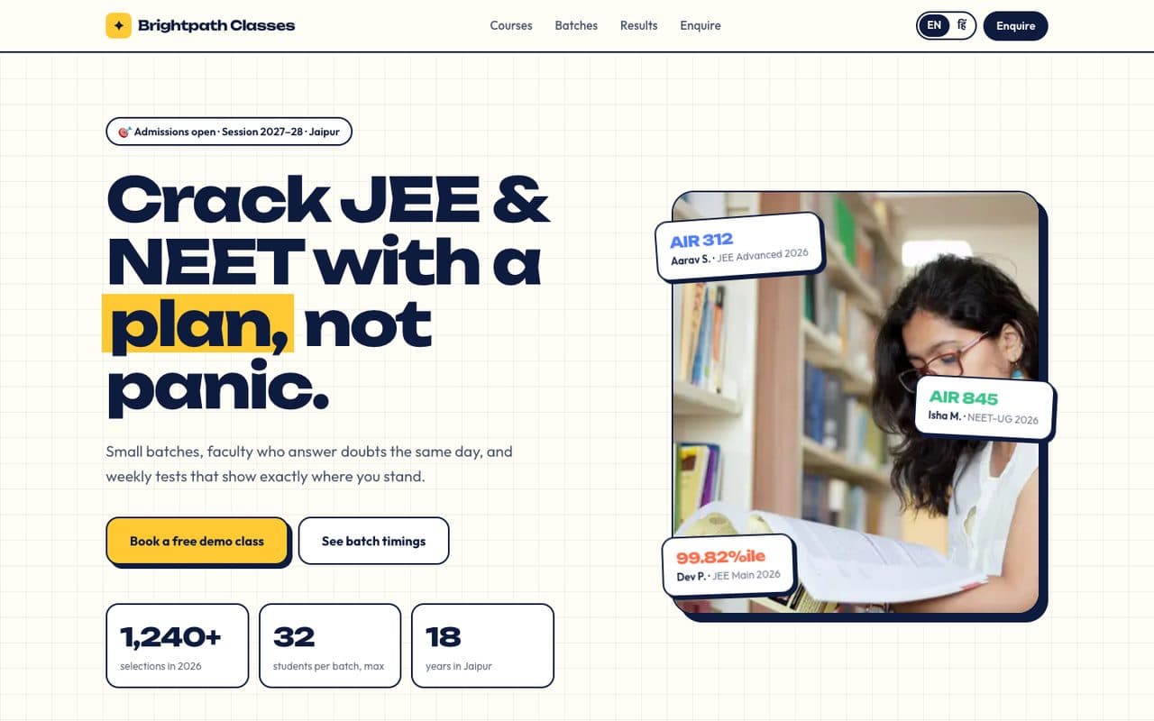 Coaching Institute Website demo: the Brightpath Classes homepage