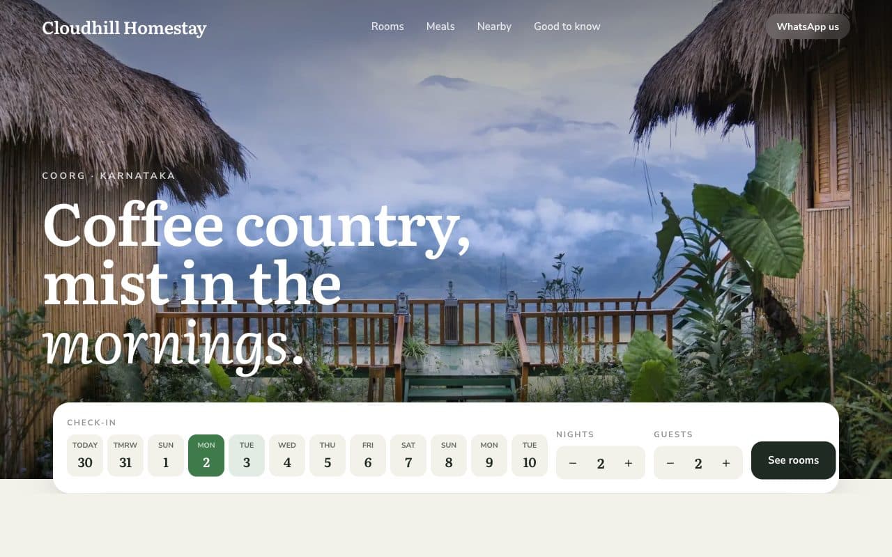 Homestay & Guesthouse Website demo: the Cloudhill Homestay homepage