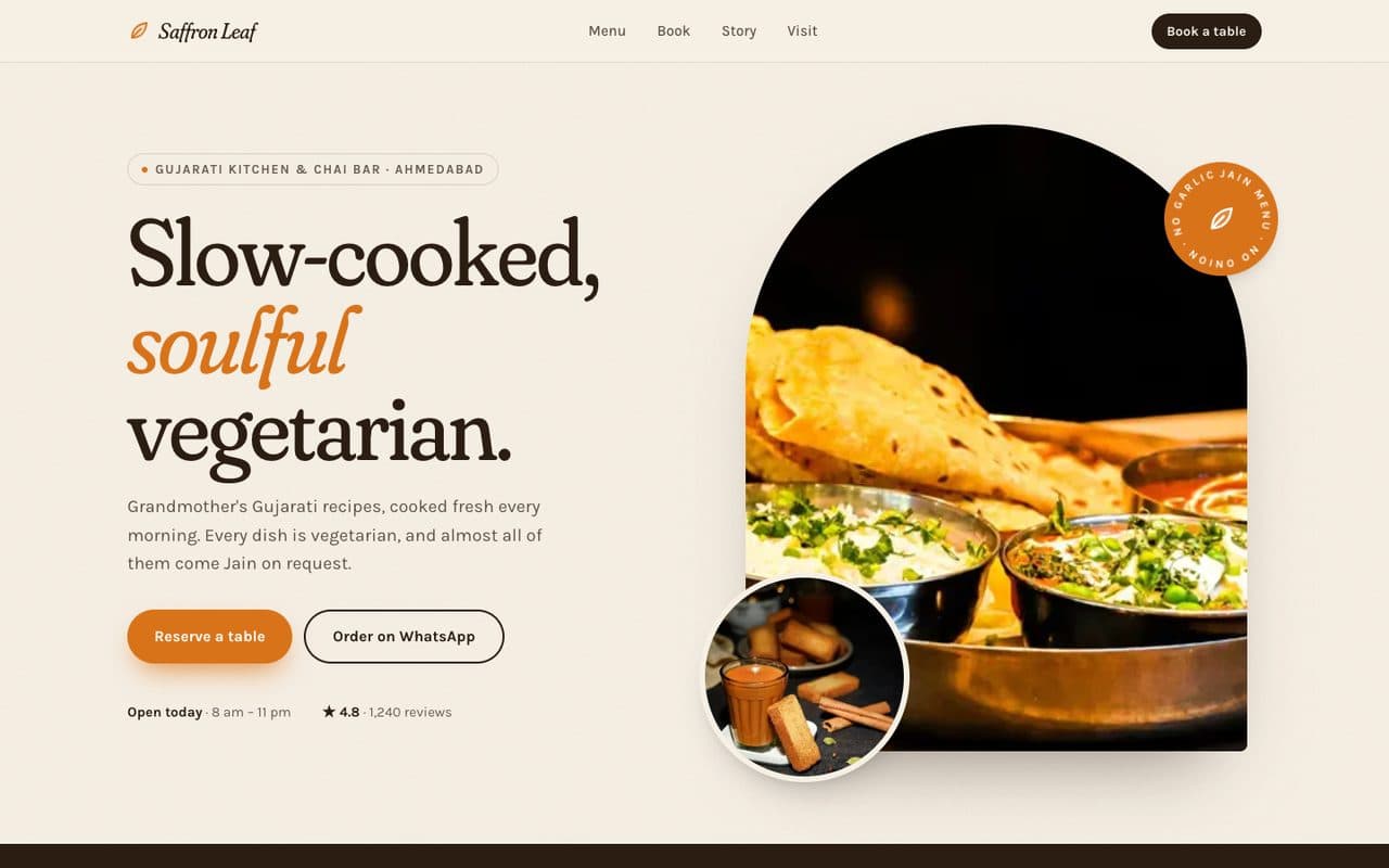Restaurant & Café Website demo: the Saffron Leaf homepage