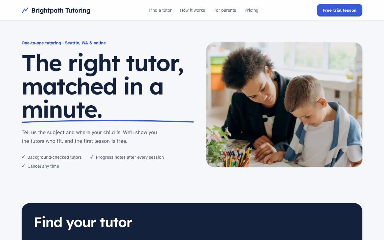 Private Tutor & Tutoring Website demo: the Brightpath Tutoring homepage