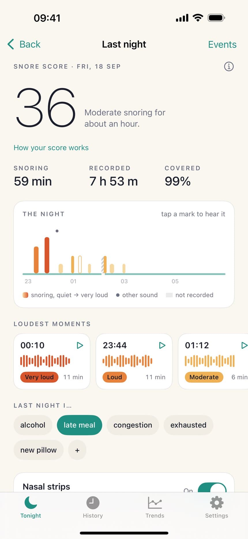 The morning summary: a Snore Score of 36, the night drawn as a timeline, and the loudest moments below.